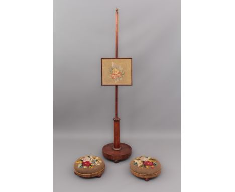A pair of 19th century walnut circular footstools - with embroidered seats (28cm diameter); and a mid-19th century mahogany f