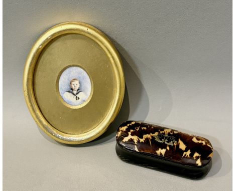 An Edwardian portrait miniature of a young boy in a sailor's uniform - oval, watercolour on ivory, signed with initials CJR, 