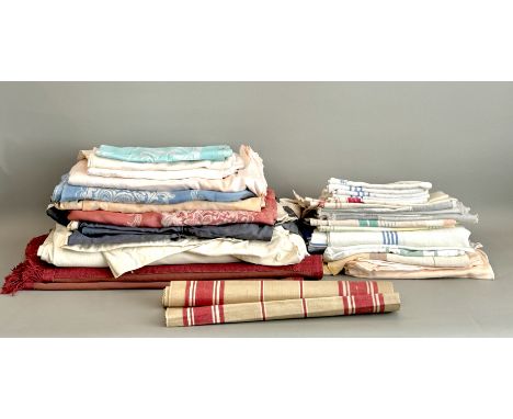 A large collection of vintage linen, lace and household textiles - including damask cotton and linen table cloths, napkins (i