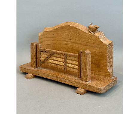 Mouseman and the Yorkshire Critters: a light oak letter or stationary rack by Bob 'Wrenman' Hunter of Thirlby - the shaped ba