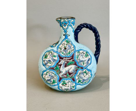 A rare Longwy jug - c.1890, of flattened globular form with a short, slender neck, decorated with a stag, deer and lions with