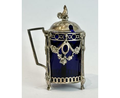 A Continental silver lidded mustard pot - early 19th century, impressed marks to pierced band below rim, of drum form, the op