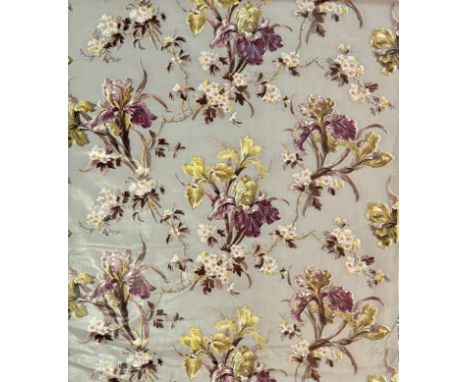 Two part-rolls of 1950s cotton chintz furnishing fabric - with purple and pale yellow irises on a pale grey ground, the selve