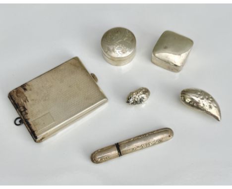 A group of small silver objects - including an engine turned matchbox case, Birmingham 1931, 6.4cm long; two pill boxes, Lond