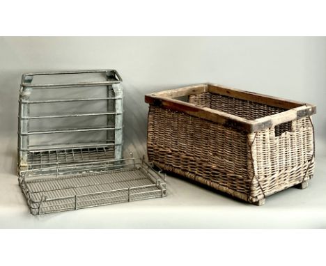 Two vintage crates - comprising a galvanised metal bottle crate, 39 x 24cm, 34cm high; and a wicker, beech wood, steel and wi