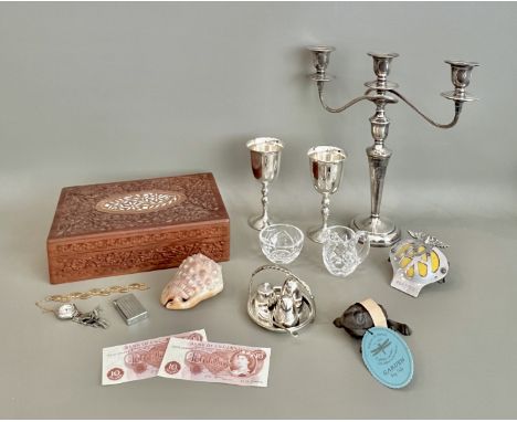 A box of collectables - including a silver plated three-light candelabra, 36.5cm high; a pair of ailver plated goblets; a Wil