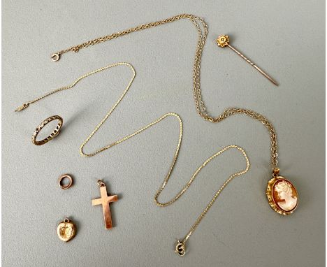 A small group of 9ct gold jewellery - including a white stone eternity ring, probably white sapphire (stones worn, one missin