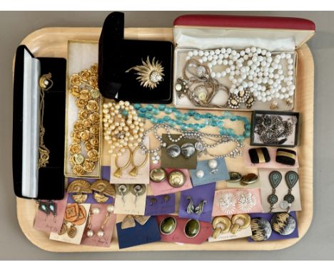A collection of vintage costume jewellery - mainly earrings, also including a necklaces and brooches, 1960s-90s.