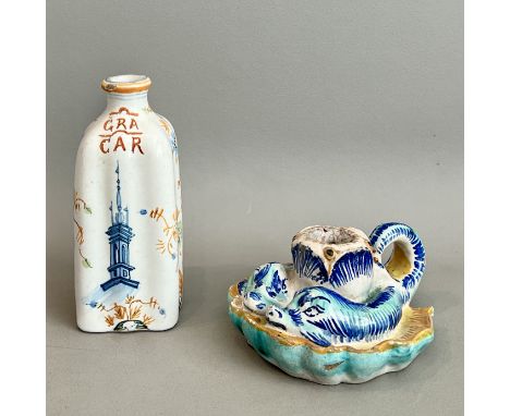 Two pieces of Cantagalli pottery - both with painted cockerel marks, comprising a small lobed, square section drug jar, paint