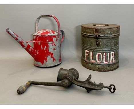 Vintage kitchenalia - comprising a galvanised lidded drum-shaped flour bin, with painted 'FLOUR' lettering to the front and h