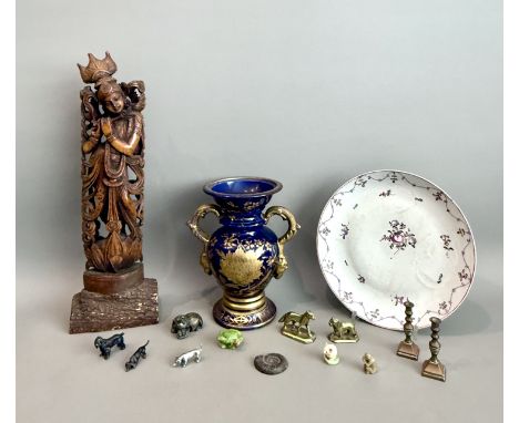 A small group of miscellanea - including a 19th century Miles Mason blue and gilt two-handled vase, 19cm high; a New Hall sau