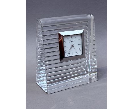 A Baccarat crystal desk clock - with fluted decoration to the case back, quartz movement, white square dial with white metal 