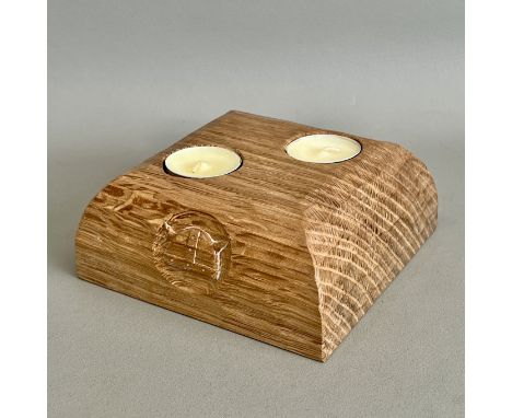 Mouseman and the Yorkshire Critters: an oak double candle holder by the Roger 'Vikingman' Howard, of Fulford, York - square w