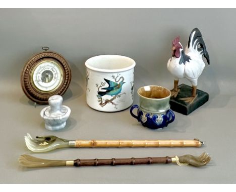 A box of miscellanea - including a large carved and painted wooden figure of a cockerel, 30cm high; a Portmeirion 'Birds of B