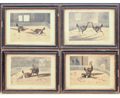 A set of four 19th century hand coloured Cock Fighting engravings after Henry Alken - engraved by C. R. Stock, 12.5 x 17.5cm,