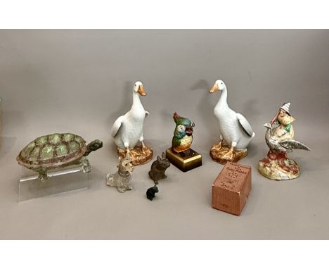 A small group of pottery, porcelain and glass figures of animals and birds - including a pair of modern Chinese porcelain duc