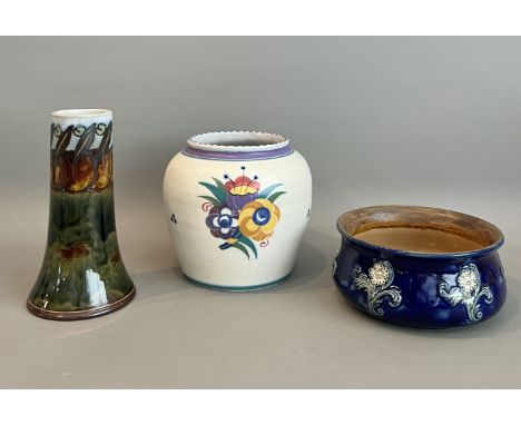 A Doulton Lambeth stoneware vase painted by Bessie Newberry - of inverted trumpet form, impressed and incised factory and pai