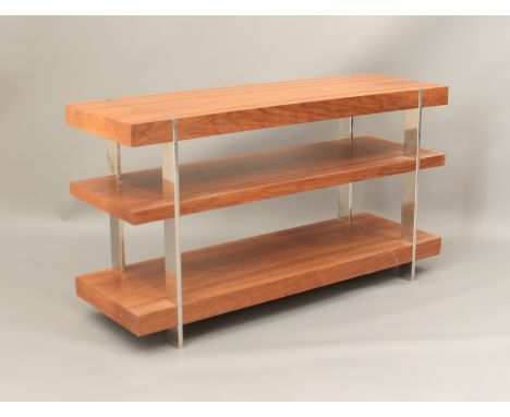 A modern three-tier walnut and chrome side table or shelf unit - (LWH 90 x 30 x 50cm)