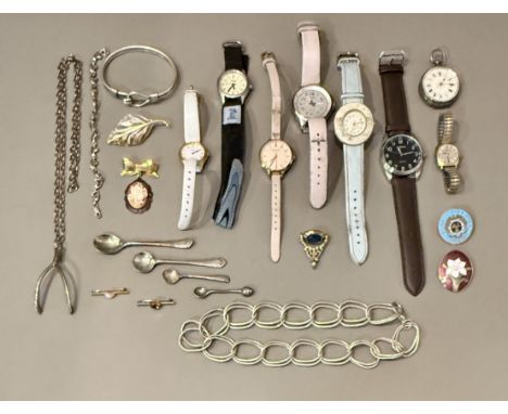 A small collection of vintage and modern silver and costume jewellery and watches - including a sterling silver bangle with h
