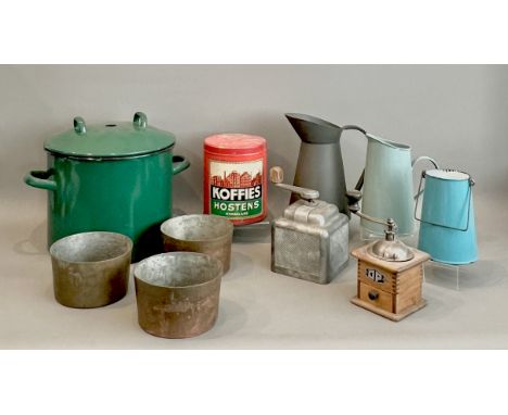 A group of vintage and vintage-style kitchenalia - including a large green enamel bread bin, 30.5cm high; two mid-century woo