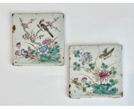 A pair of Chinese famille rose porcelain tiles - early 19th century, enamelled with birds and flowers including prunus, peoni