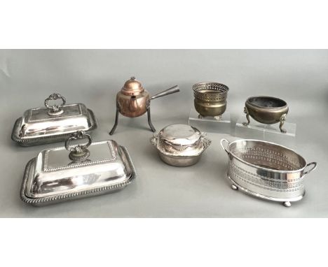 A small collection of silver plate, copper and brass ware - including a pair of silver plated covered entree dishes; a hexago
