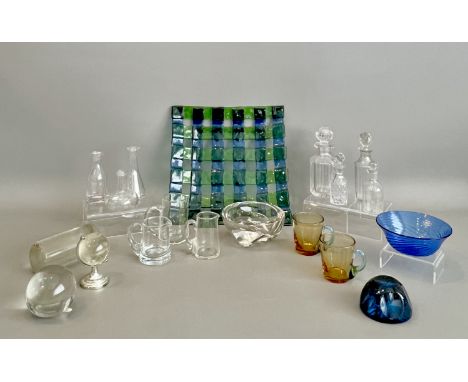A small collection of glass ware - including a blue and green glass lattice dish, 26.5cm square; a blue wrythen glass Archime