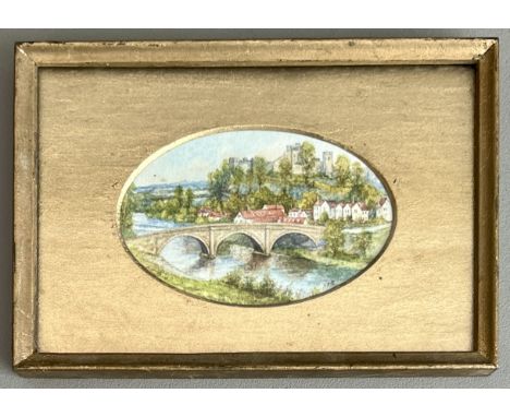 ARR (British, late 19th century) 'Ludlow Bridge' miniature watercolour, oval, signed with initials, inscribed to reverse of c