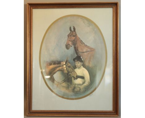 After Susan L. Crawford (b.1941) Studies of Arkle and Pat Taaffe oval colour print, signed in pencil and numbered 239/250, bl