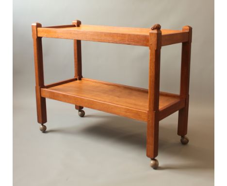 Mouseman and the Yorkshire Critters: an oak two-tier drinks or serving trolley by the ex-Mouseman craftsman Peter 'Rabbitman'