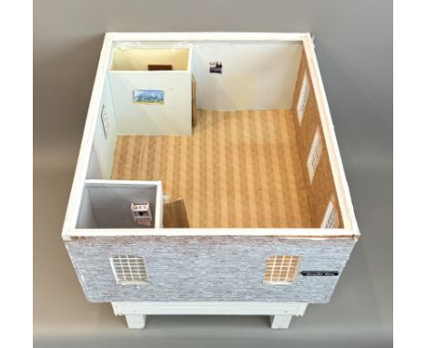 A vintage 1960s-70s table dolls house - the single-storey house with a flat tabletop removable roof, separate four-legged tab