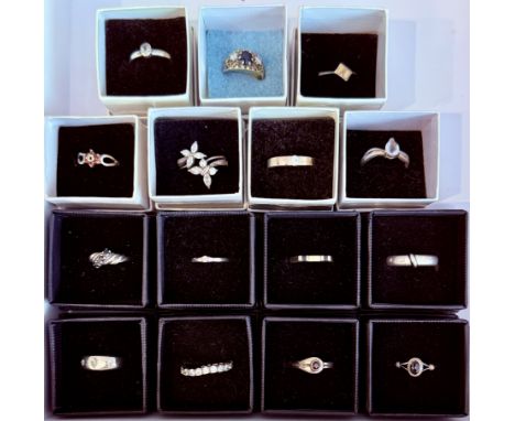 Fifteen sterling silver gemstone set rings - all different, including rings set with sapphires; garnet; CZ; onyx; etc.