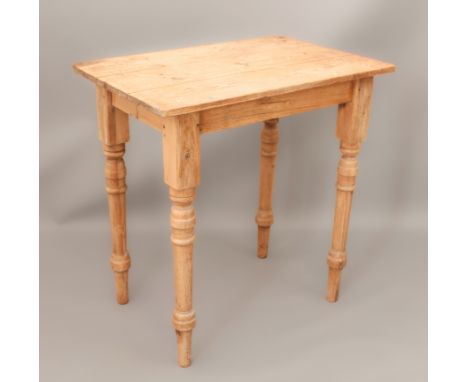 A stripped pine side table - with block supports and turned legs. (LWH 70 x 47.5 x 73cm)
