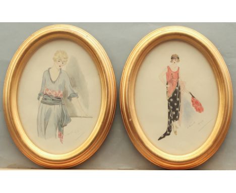 K. Sherratt (British, first quarter 20th century) A pair of portraits of fashionable ladies oval, watercolour, signed and dat