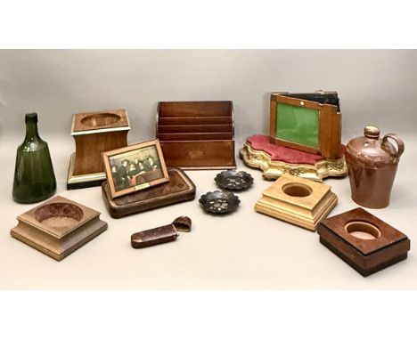 A box of miscellanea and collectables - including a French 19th century giltwood and composition mantel clock stand; a 19th c