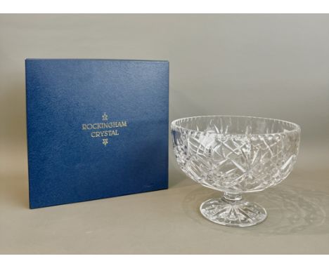 A boxed Rockingham Crystal cut glass pedestal fruit bowl - with maker's label below rim, decorated with blaze, diamond and cr