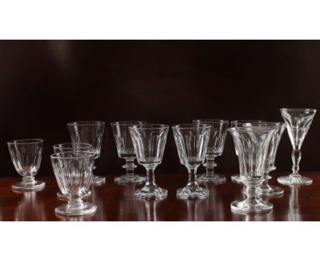 Twelve late-Georgian and Victorian small wine glasses - including a set of three late-Georgian glasses with panel cut bucket 