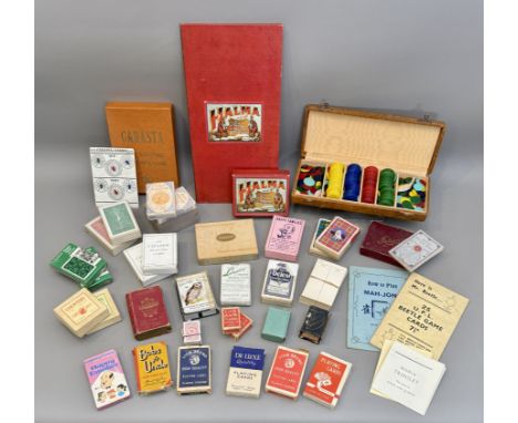 A box of early to mid-20th century card games and playing cards - together with a Halma game set and board; a leather case co