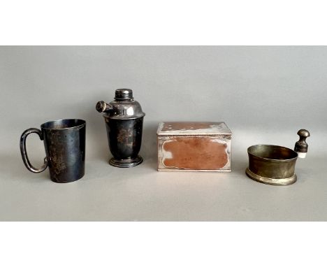 A mid-century silver plated cocktail shaker - 18.25cm high; together with a 19th century silver plated on copper biscuit box,