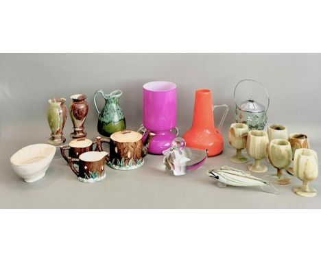 A collection of vintage and retro china, glass and carved stone items - including a 1970s orange glass ewer, 23cm high; a set