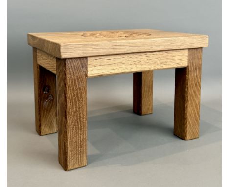 Mouseman and the Yorkshire Critters: a carved oak foot stool or small occasional table by Nigel Dixon, 'Woodwormman' - the re