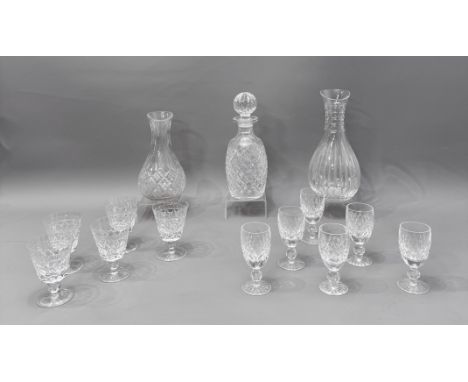 A Waterford Colleen pattern decanter and six port / sherry glasses - etched factory marks, the decanter 26cm high, the glasse