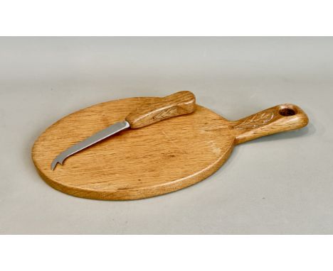 Mouseman and the Yorkshire Critters: a honey oak cheese board and knife by David 'Oakleafman' Langstaff of Easingwold - the o