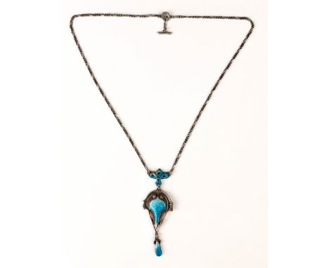 An Art Nouveau silver and enamel necklace - maker J&amp;F, Birmingham 1908, of sinuous, openwork cartouche form suspending a 