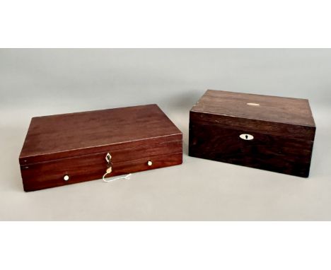 Two 19th century boxes - comprising a rosewood jewellery box with mother of pearl escutcheon and plaque, the interior relined