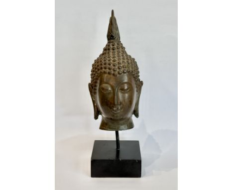 A Thai bronze head of Buddha - in the Sukothai style, with a serene, downcast expression, the hair in snail-shell curls with 