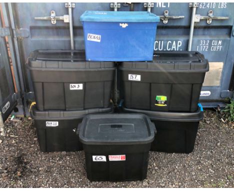 Four large Addis 110L black plastic storage crates with lids - on yellow plastic roller wheels, size at rim 76 x 49cm, 39cm h
