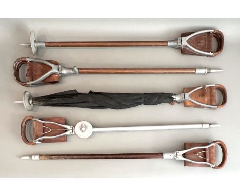 Five vintage alloy and leather shooting sticks - third quarter 20th century, two by Swaine &amp; Adeney Ltd of London, one 34