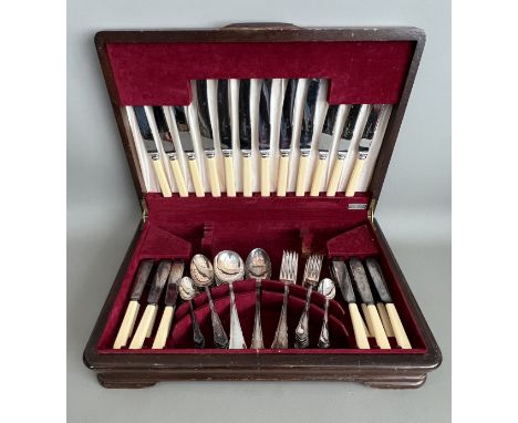 A mahogany canteen of silver plated 'Page's Pageant Cutlery' flatware - Dubarry pattern, for six place settings, comprising t