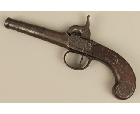 A 12mm percussion pocket pistol - mid-9th century, 3½" turn-off 'canon' barrel stamped with two crossed cutlass proof marks; 